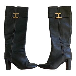 Chole Knee High Boots Black Pebbled Leather Paddington Buckley Block Hee…